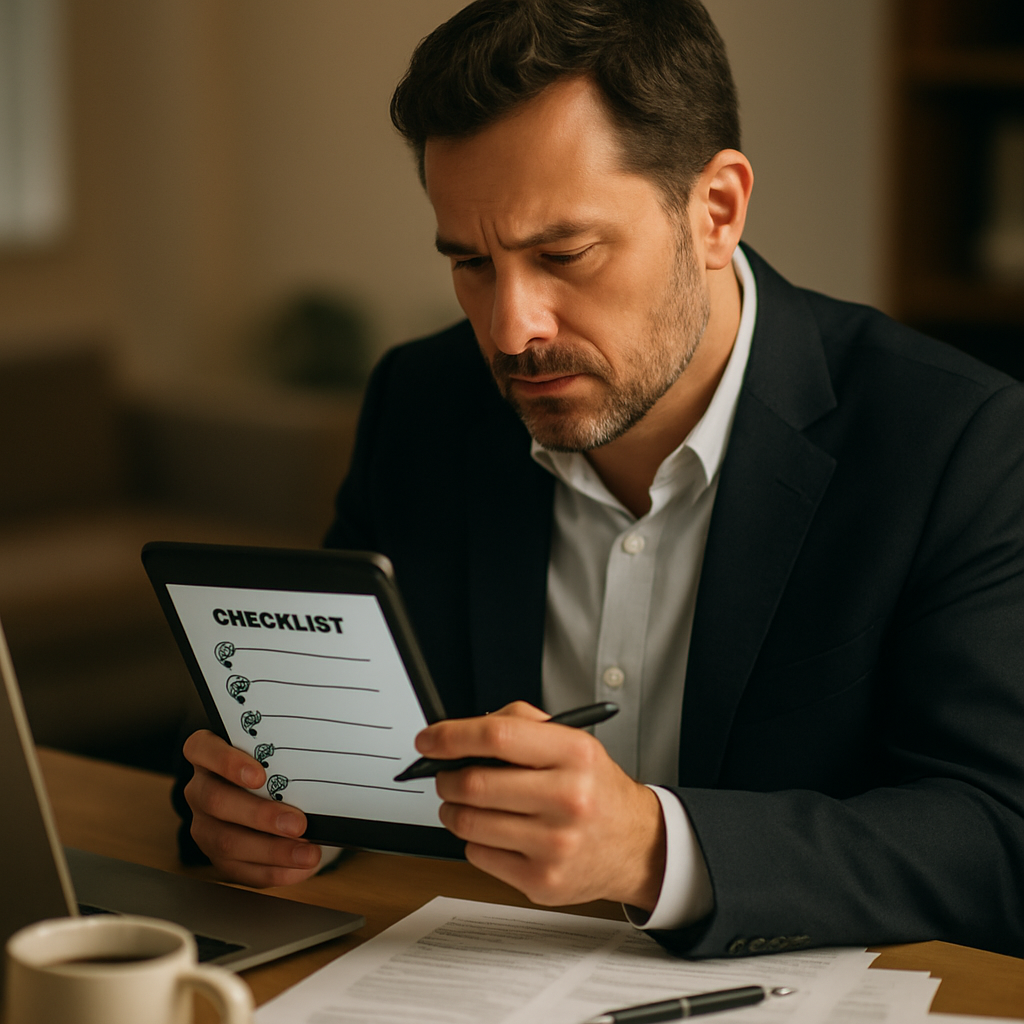 A business owner reviewing a CRM selection checklist on a tablet in a bright,