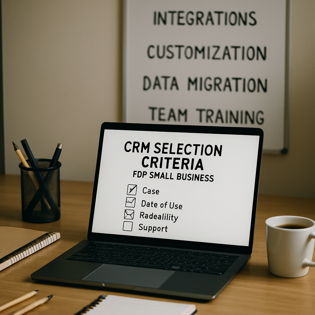 A clean workspace with a laptop and checklist for selecting CRM for small businesses.