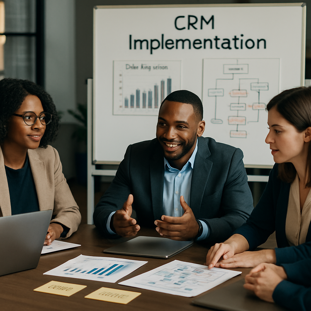 A team working together on a CRM implementation plan in a modern office.