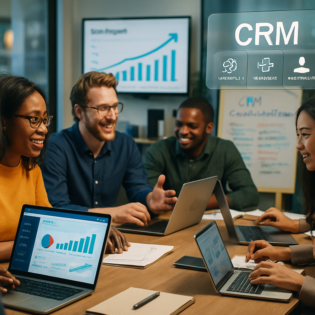 A collaborative team working on CRM customizations in a bright, modern office, illustrating innovation