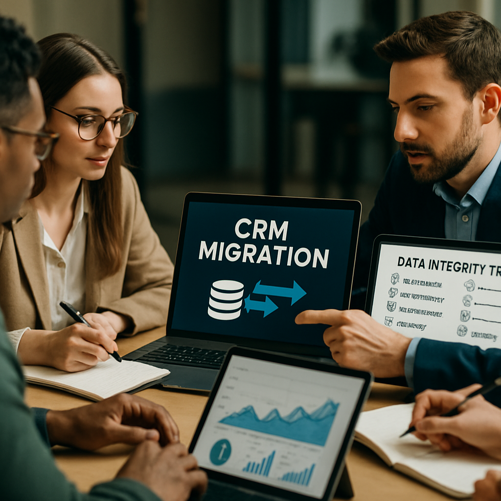 A team of diverse professionals collaborating on a CRM migration project, reviewing data integrity