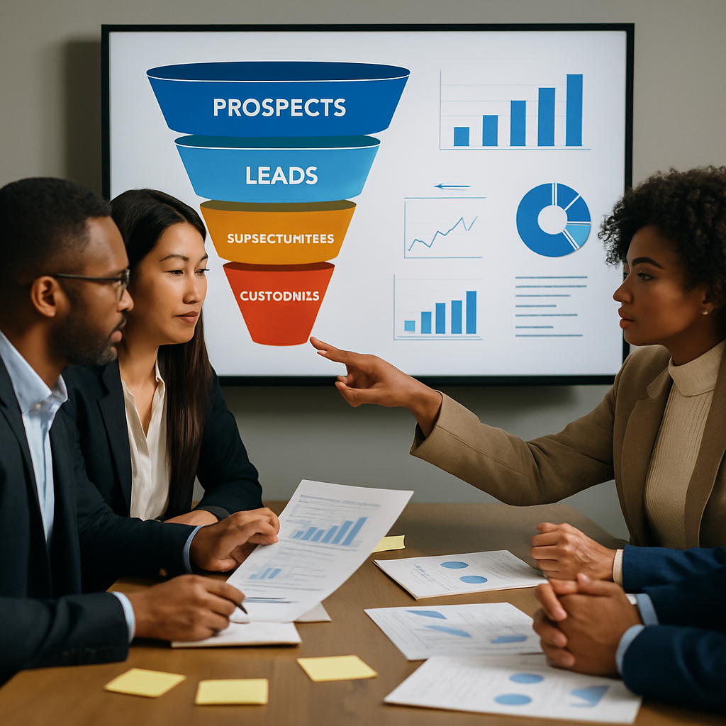A team of professionals analyzing a sales funnel in an office environment, signifying a