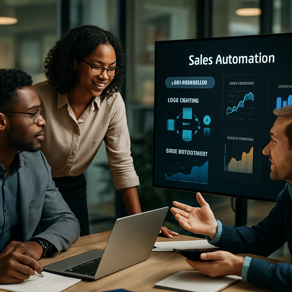 An office team working on sales automation integration, engaged with a digital dashboard displaying